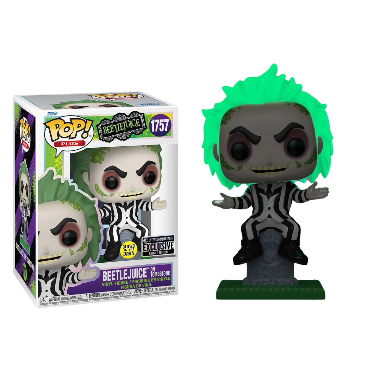 Beetlejuice on Tombstone Funko Pop! Plus - Approx. 4 1/2" Glows In The Dark Entertainment Earth Exclusive Collectible Vinyl Figure #1757 with Display