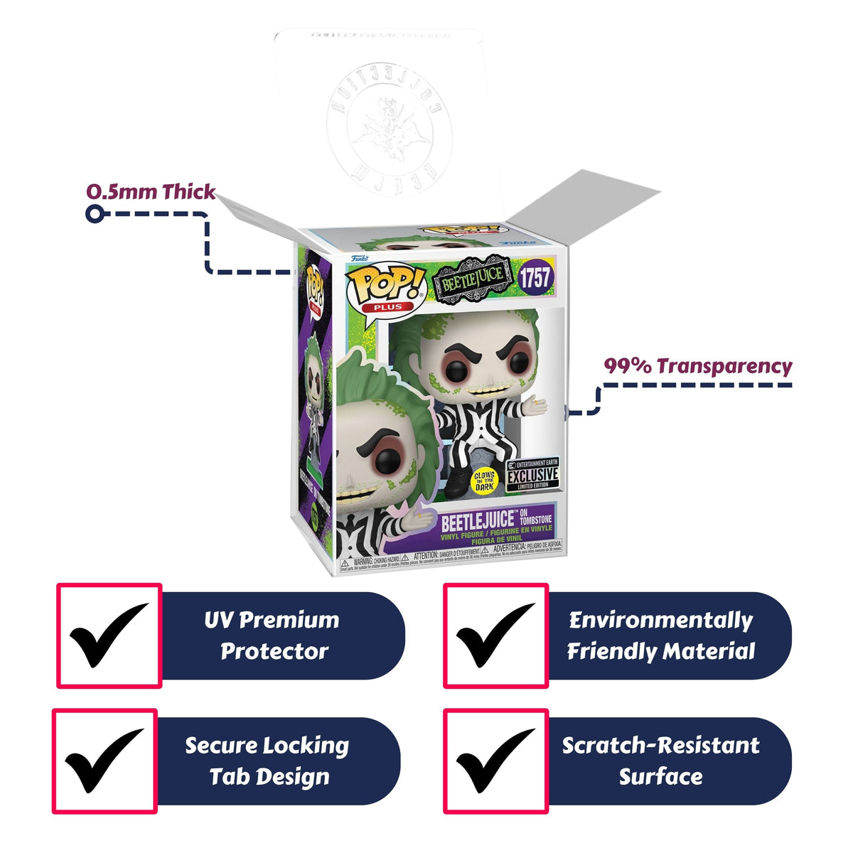 Beetlejuice on Tombstone Funko Pop! Plus - Approx. 4 1/2" Glows In The Dark Entertainment Earth Exclusive Collectible Vinyl Figure #1757 with Display