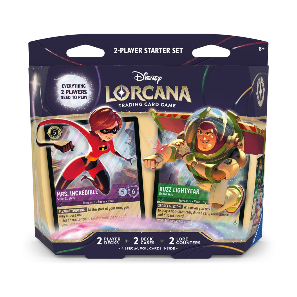 Disney Lorcana TCG 2-Player Starter Deck Set – Elastigirl & Buzz Lightyear Prebuilt Card Game with Foil Cards, Lore Trackers, Tokens, Trading Cards