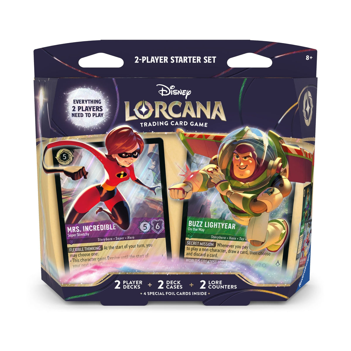 Disney Lorcana TCG 2-Player Starter Deck Set – Elastigirl & Buzz Lightyear Prebuilt Card Game with Foil Cards, Lore Trackers, Tokens, Trading Cards
