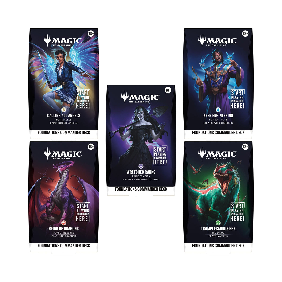 Magic: The Gathering Foundations Commander Deck Set of 5 - MTG Multiplayer Ready-to-Play Deck Bundle Featuring Dragons, Zombies, Angels, Artifacts &
