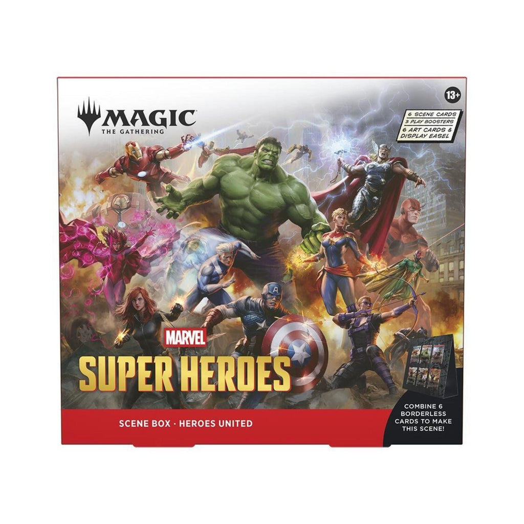 MTG Marvel Super Heroes Scene Box - Heroes United | Play Boosters, Foil Scene Cards, Art Display Cards & Easel for Collectors and Magic Players