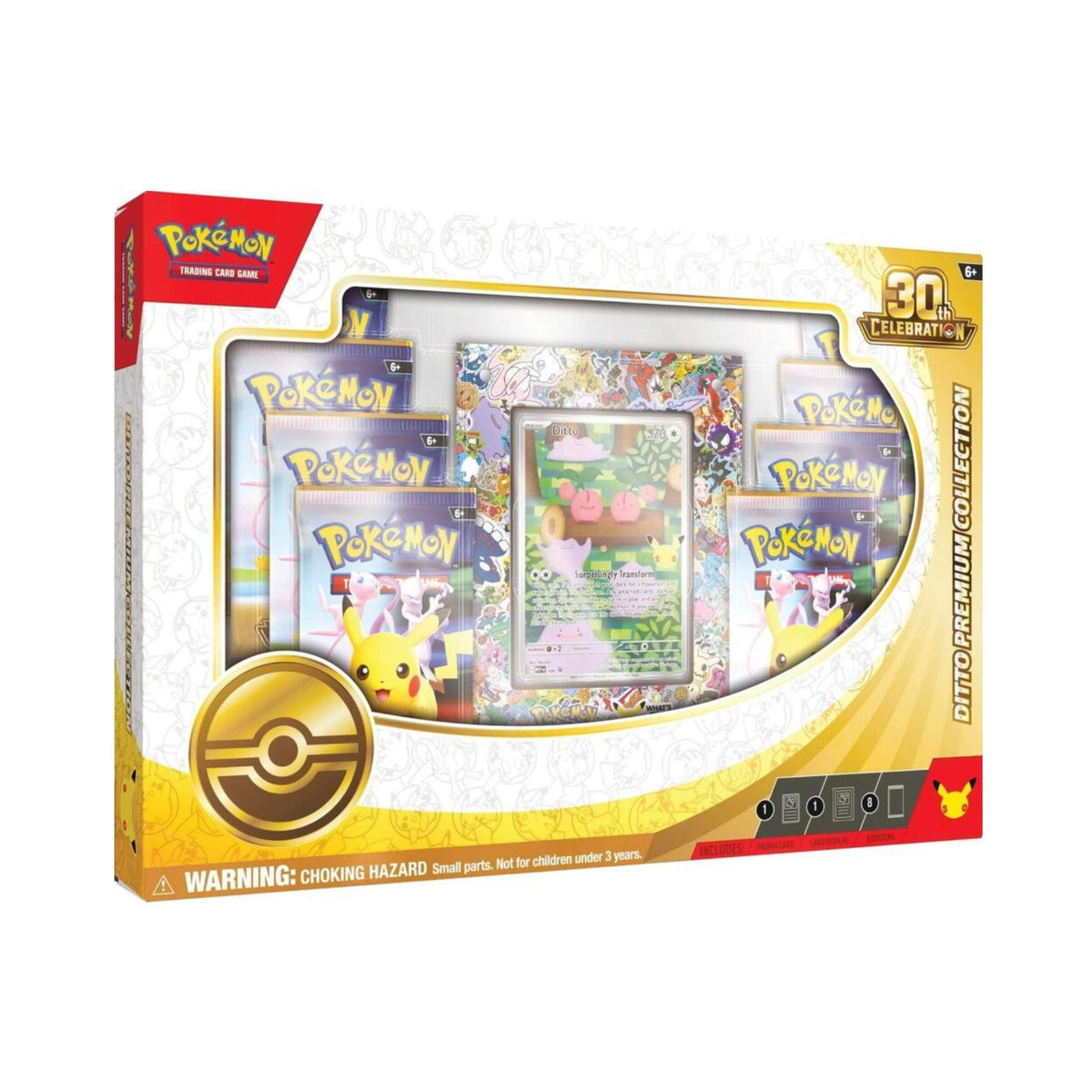Pokemon TCG 30th Celebration Ditto Premium Collection – 1 Ditto Promo Card, Acrylic Card Display, 8 30th Celebration Booster Packs & Pokémon TCG Live