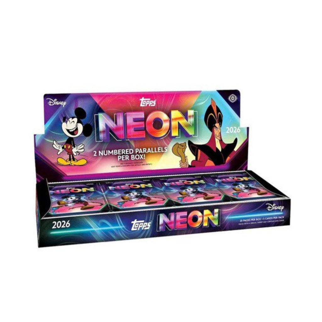 Topps Disney Neon Hobby Box Trading Cards, 20 Packs Per Box, 5 Cards Per Pack, Numbered Parallels, Neon PETG Lights Card, Chrome Neon Etch Base Cards