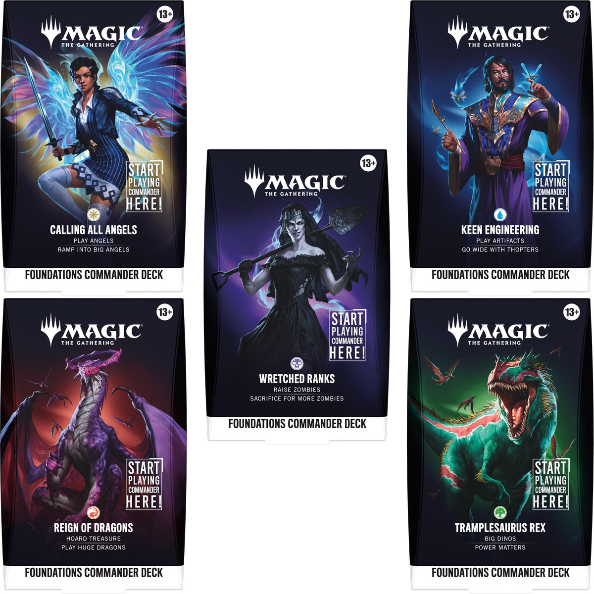 Magic: The Gathering Foundations Commander Deck Set of 5 - MTG Multiplayer Ready-to-Play Deck Bundle Featuring Dragons, Zombies, Angels, Artifacts &