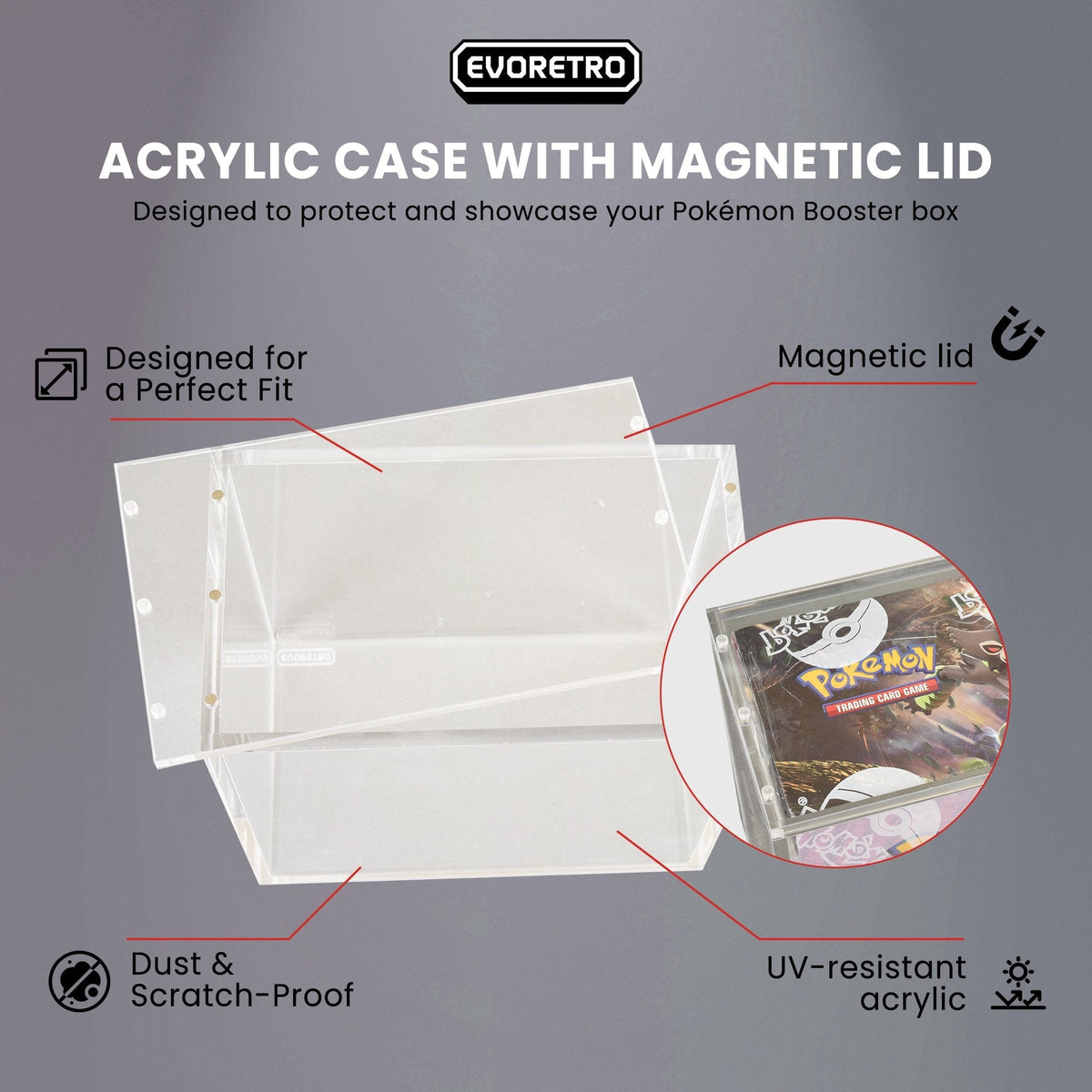 ER Acrylic Pokémon Booster Box Case with Magnetic Lid - 5mm Thick Clear UV Protection Display Case for Sealed Booster Packs - Durable Storage for