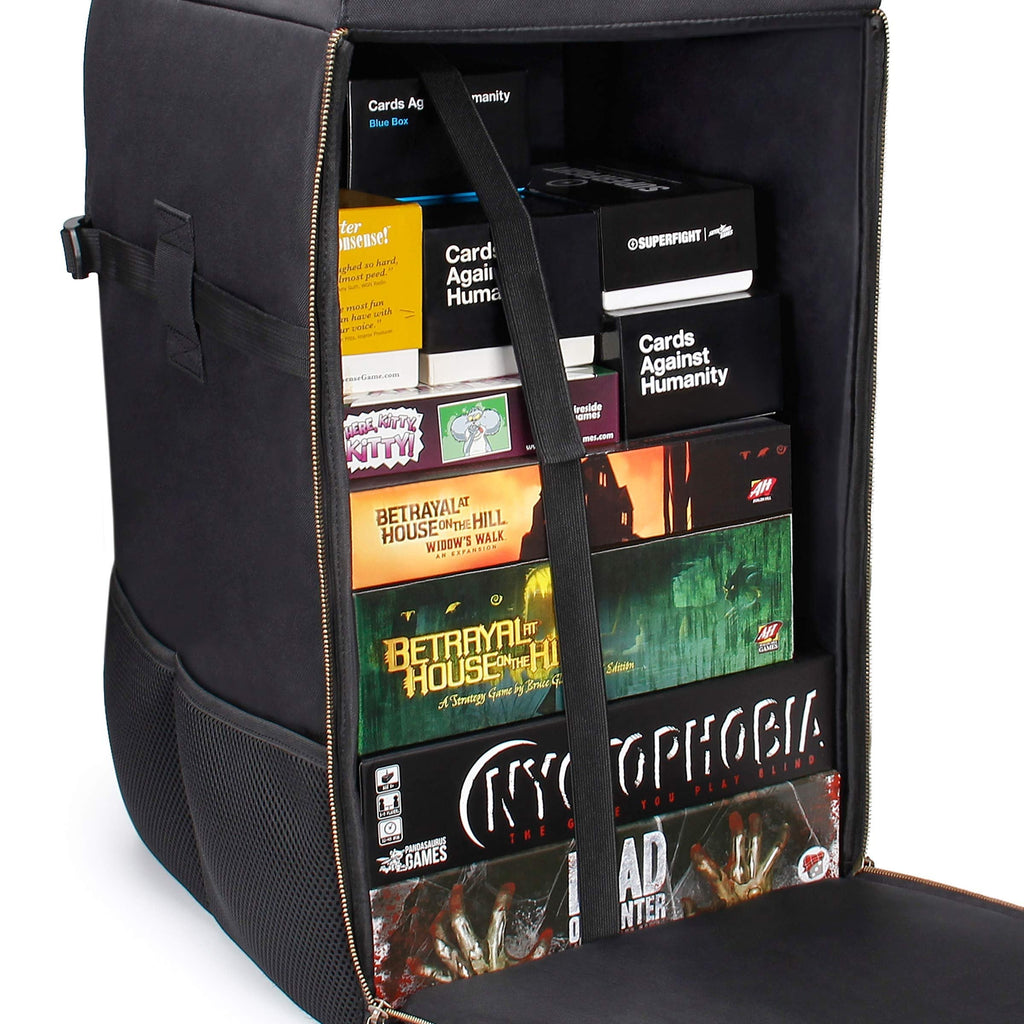 ENHANCE Board Game Backpack - Reinforced Rigid Board Game Storage with Padded Shoulder Straps, Carrying Handle, and Accessories Pockets for Dice