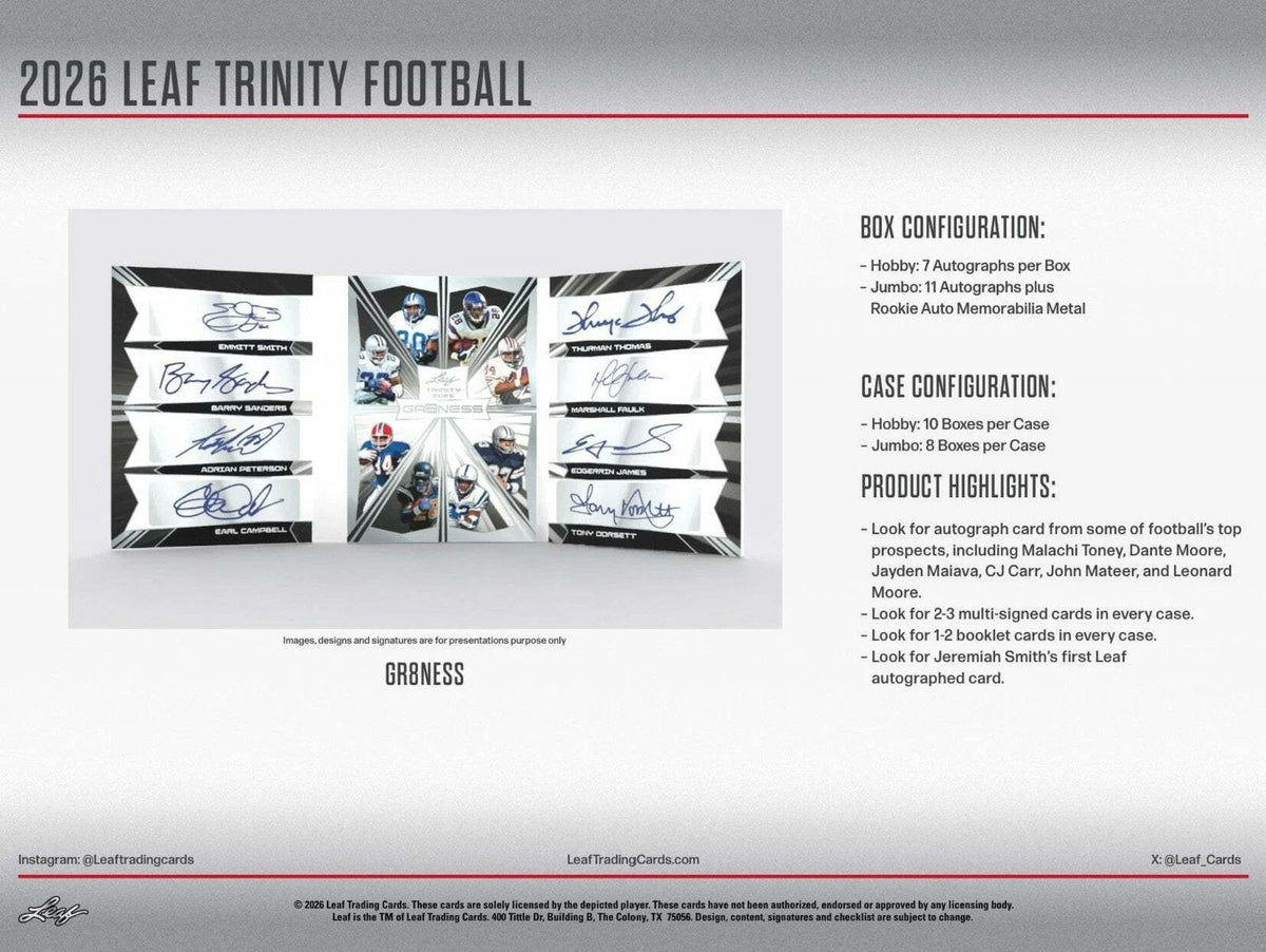 2026 Leaf Trinity Football Hobby Box, 7 Premium Autograph Cards Per Box, Base Steel Clear Autos, Rookie Auto Memorabilia, Jeremiah Smith Chase