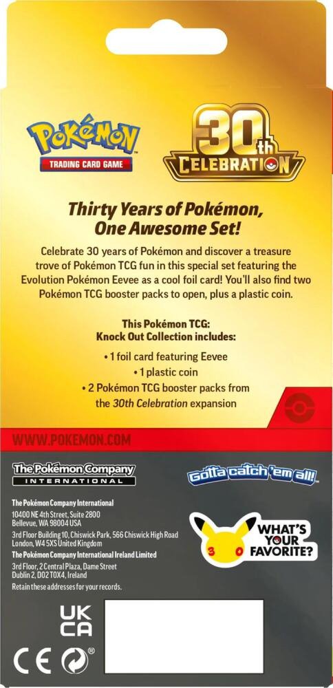 Pokemon TCG 30th Celebration Knock Out Collection – Eevee Foil Promo Card, 2 Booster Packs, Plastic Coin, Official Pokémon Trading Card Game