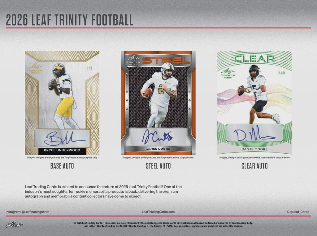 2026 Leaf Trinity Football Hobby Box, 7 Premium Autograph Cards Per Box, Base Steel Clear Autos, Rookie Auto Memorabilia, Jeremiah Smith Chase