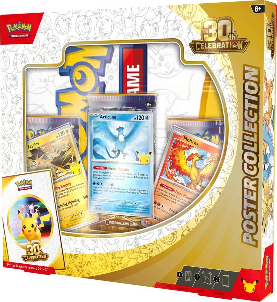 Pokemon TCG 30th Celebration Poster Collection – 3 Foil Promo Cards Featuring Articuno, Zapdos & Moltres, Double-Sided Collector Poster, 3 Booster
