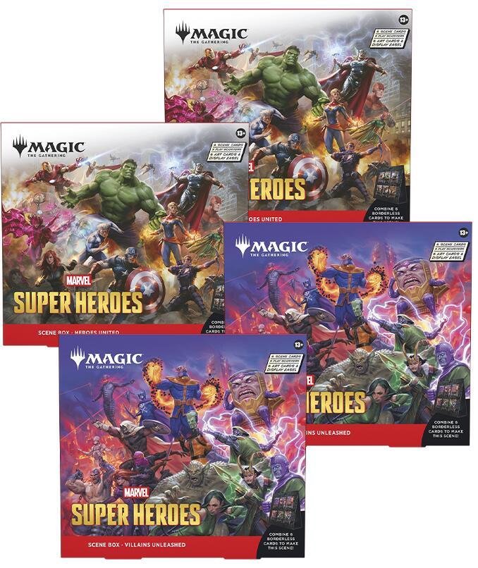 MTG Marvel Super Heroes Scene Box 4ct - Magic: The Gathering Collectible Cards with Foil Scene Cards, Art Cards, Play Boosters & Display Easel