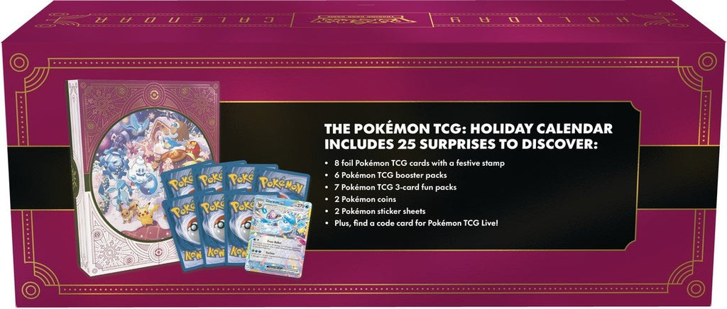 Pokémon TCG: Holiday Calendar 2025 – 25 Days of Surprises with 8 Festive Foil Cards, 6 Booster Packs, 7 Fun Packs, 2 Coins, 2 Sticker Sheets & Code