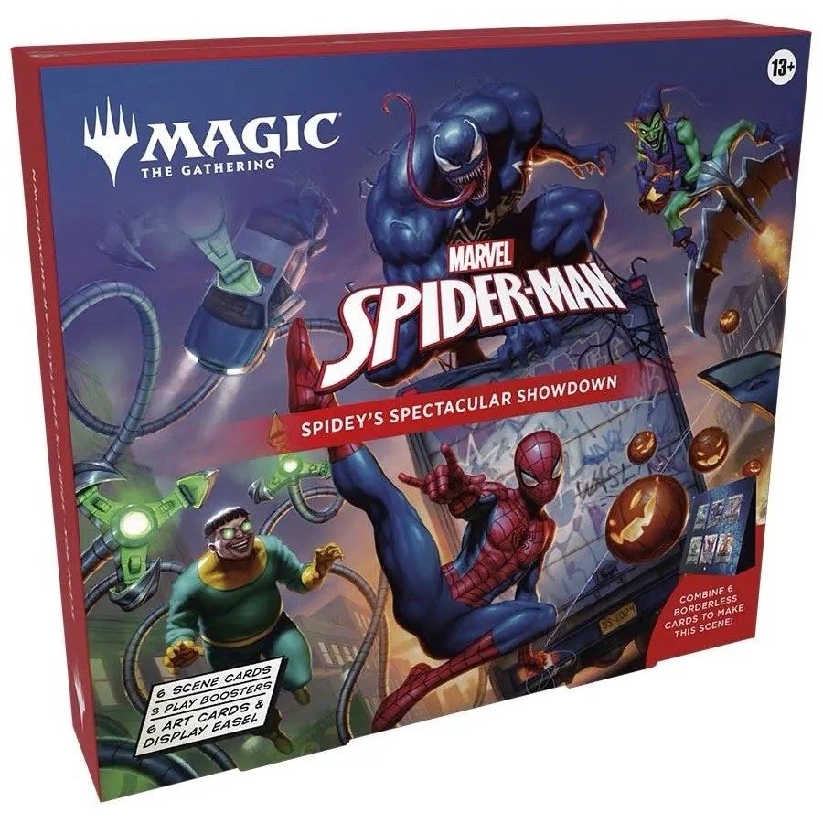 Magic: The Gathering TCG Marvel: Spider-Man Spidey's Spectacular Showdown Scene Box – Play Boosters + Scene Cards + Display Easel