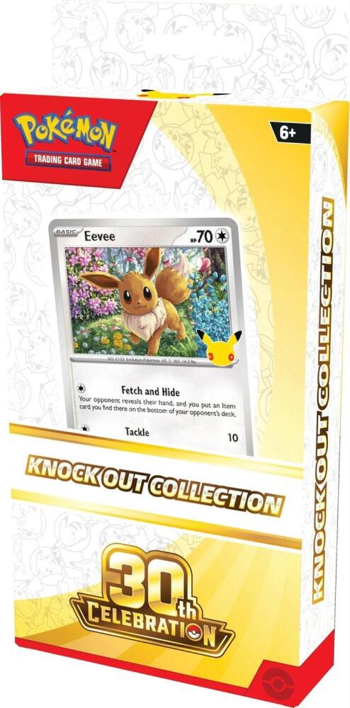 Pokemon TCG 30th Celebration Knock Out Collection – Eevee Foil Promo Card, 2 Booster Packs, Plastic Coin, Official Pokémon Trading Card Game