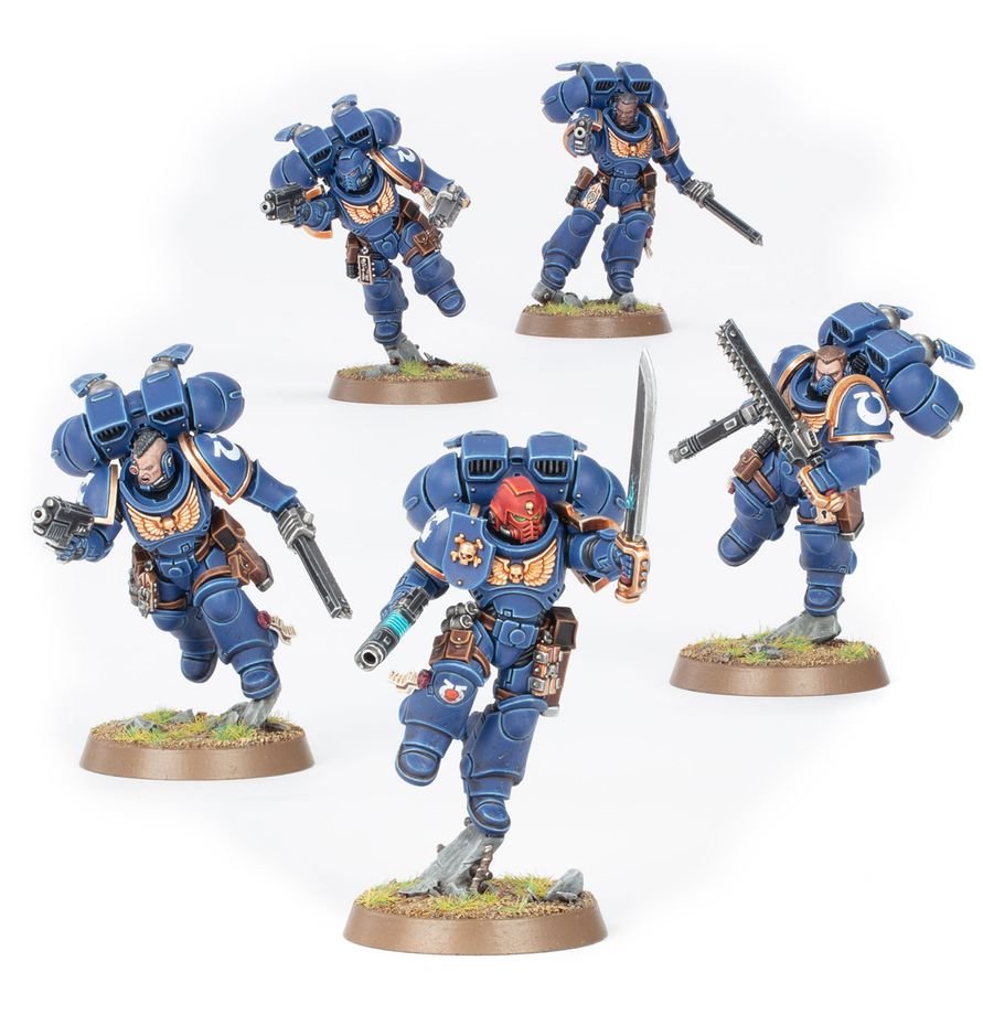 Warhammer 40K Assault Intercessors with Jump Packs - Space Marine Airborne Assault Squad Miniatures - Build 5 Jump Pack Intercessors with Chainswords