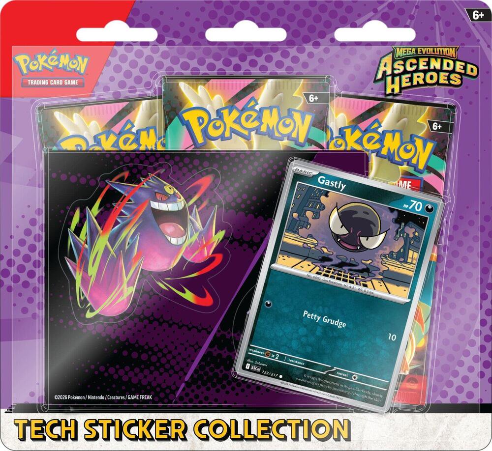 Pokemon TCG Mega Evolution Ascended Heroes Tech Sticker Collection - Gastly Foil Promo Card, Booster Packs, and Trading Cards for Collectible Card