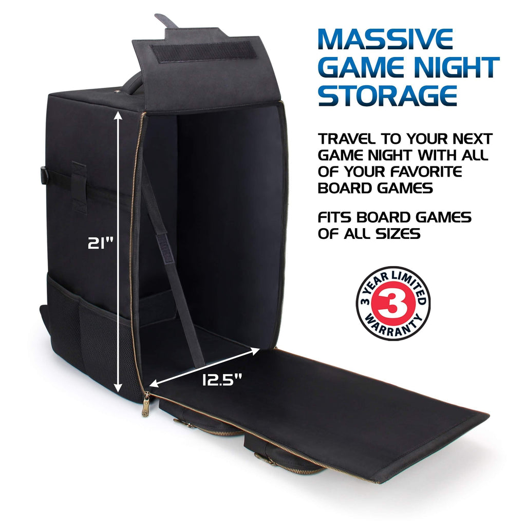 ENHANCE Board Game Backpack - Reinforced Rigid Board Game Storage with Padded Shoulder Straps, Carrying Handle, and Accessories Pockets for Dice