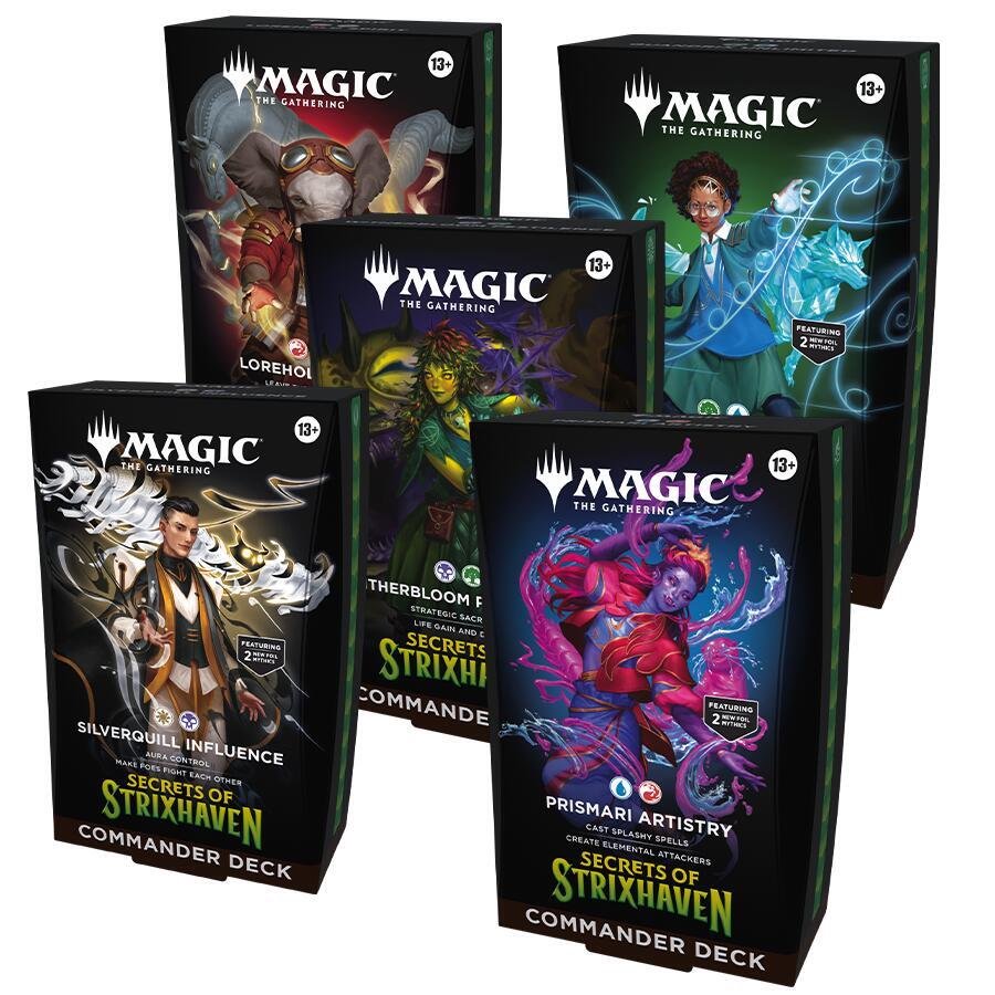 Magic: The Gathering Secrets of Strixhaven Commander Deck Case (SOC) – 5 Ready-to-Play 100-Card Decks, New Commander Cards, Foils & Accessories