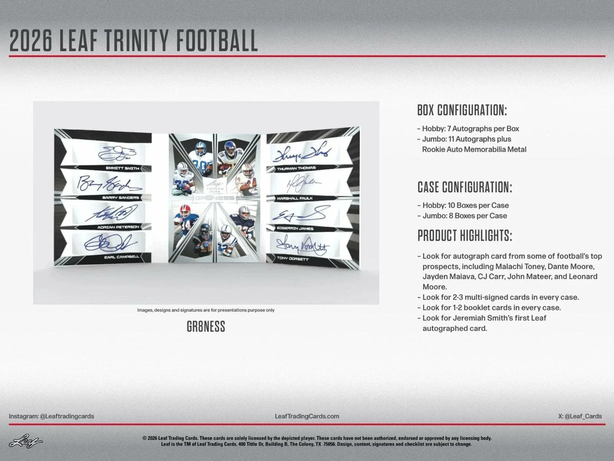 2026 Leaf Trinity Football NFL Factory Sealed 8 Box Hobby Jumbo Case