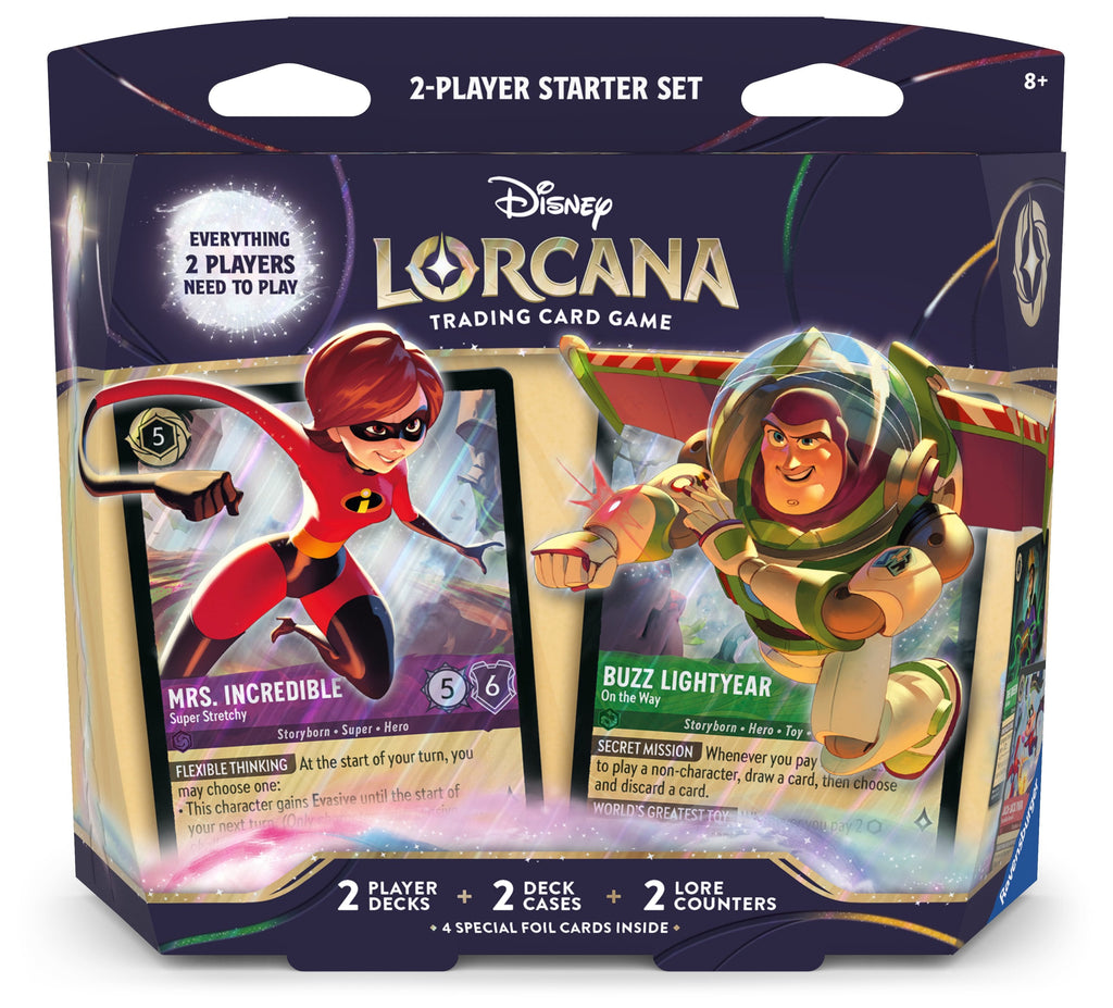 Disney Lorcana TCG 2-Player Starter Deck Set – Elastigirl & Buzz Lightyear Prebuilt Card Game with Foil Cards, Lore Trackers, Tokens, Trading Cards