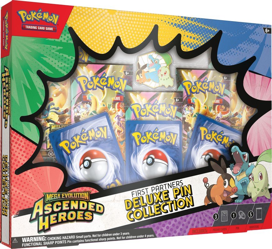 Pokemon TCG Ascended Heroes First Partners Deluxe Pin Collection Box Set with Booster Pack, Enamel Pin, Trading Cards for Deck Building, Collectibles