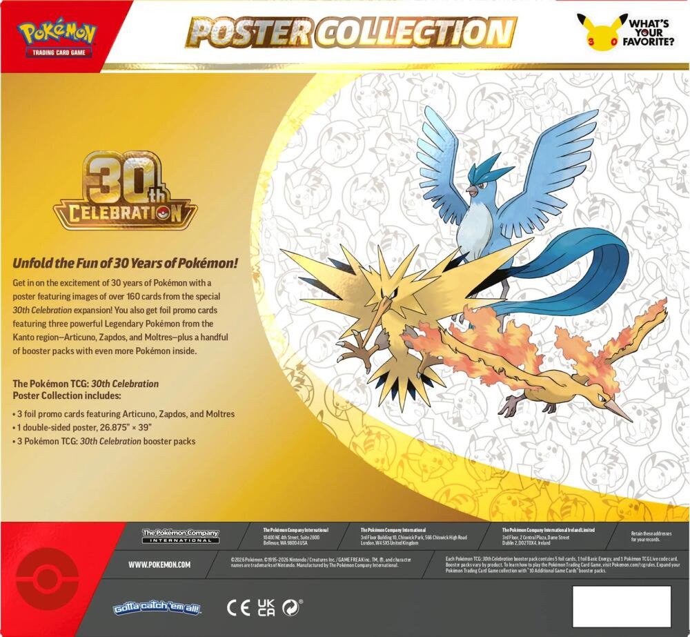 Pokemon TCG 30th Celebration Poster Collection – 3 Foil Promo Cards Featuring Articuno, Zapdos & Moltres, Double-Sided Collector Poster, 3 Booster