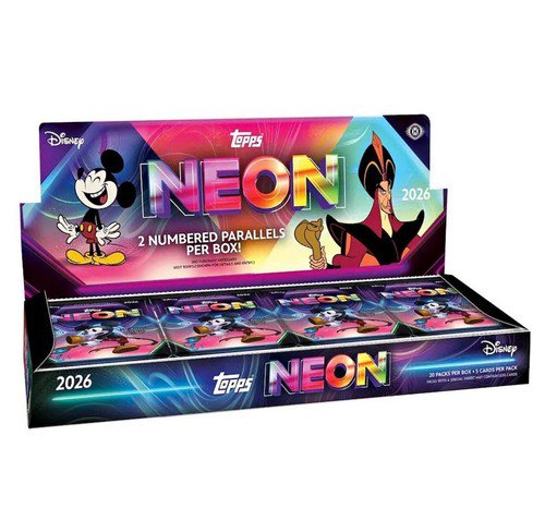 Topps Disney Neon Hobby Box Trading Cards, 20 Packs Per Box, 5 Cards Per Pack, Numbered Parallels, Neon PETG Lights Card, Chrome Neon Etch Base Cards