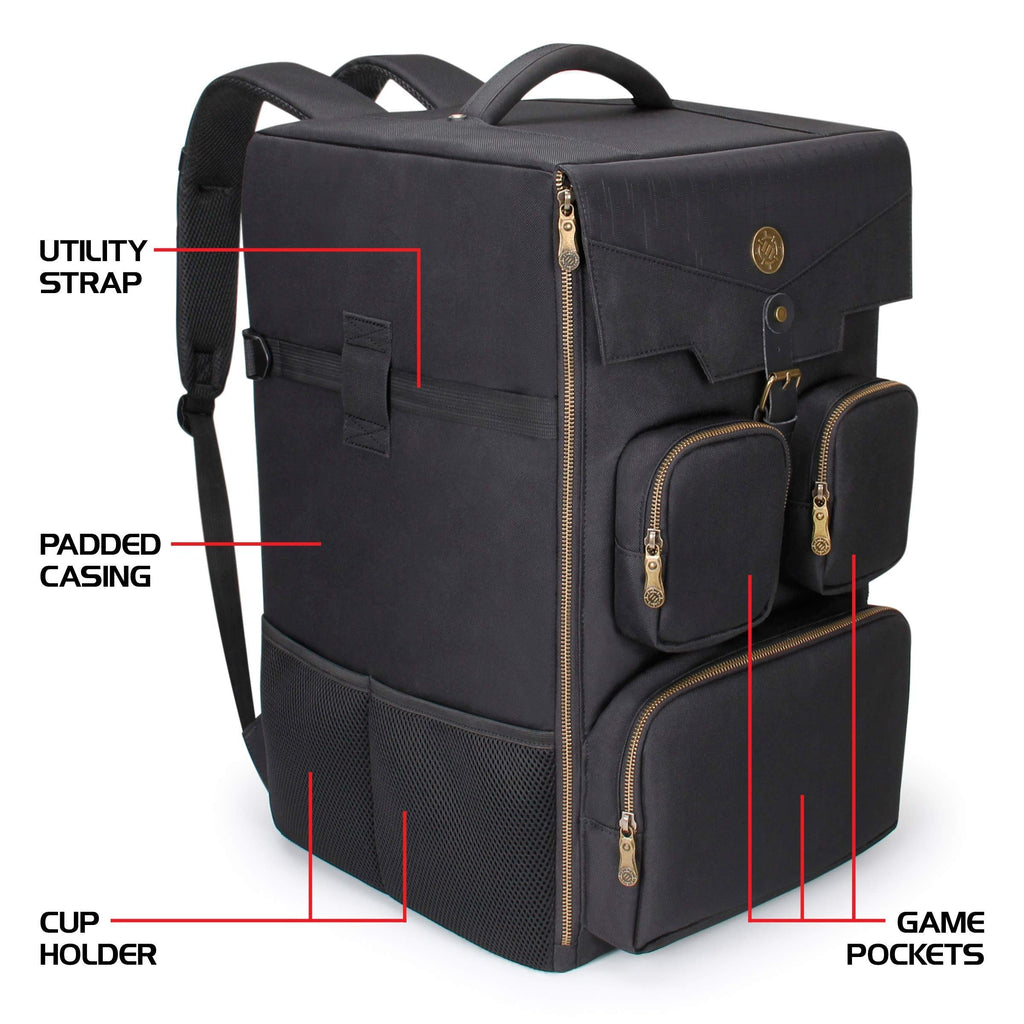 ENHANCE Board Game Backpack - Reinforced Rigid Board Game Storage with Padded Shoulder Straps, Carrying Handle, and Accessories Pockets for Dice