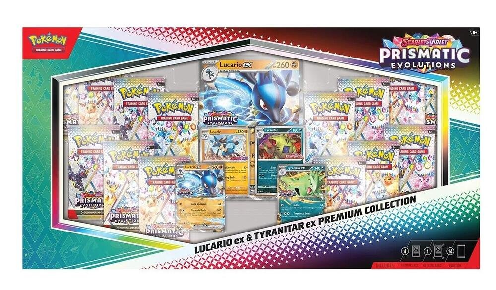 Pokémon TCG Scarlet & Violet Prismatic Evolutions Lucario ex & Tyranitar ex Premium Collection Box – Booster Packs & Promo Cards