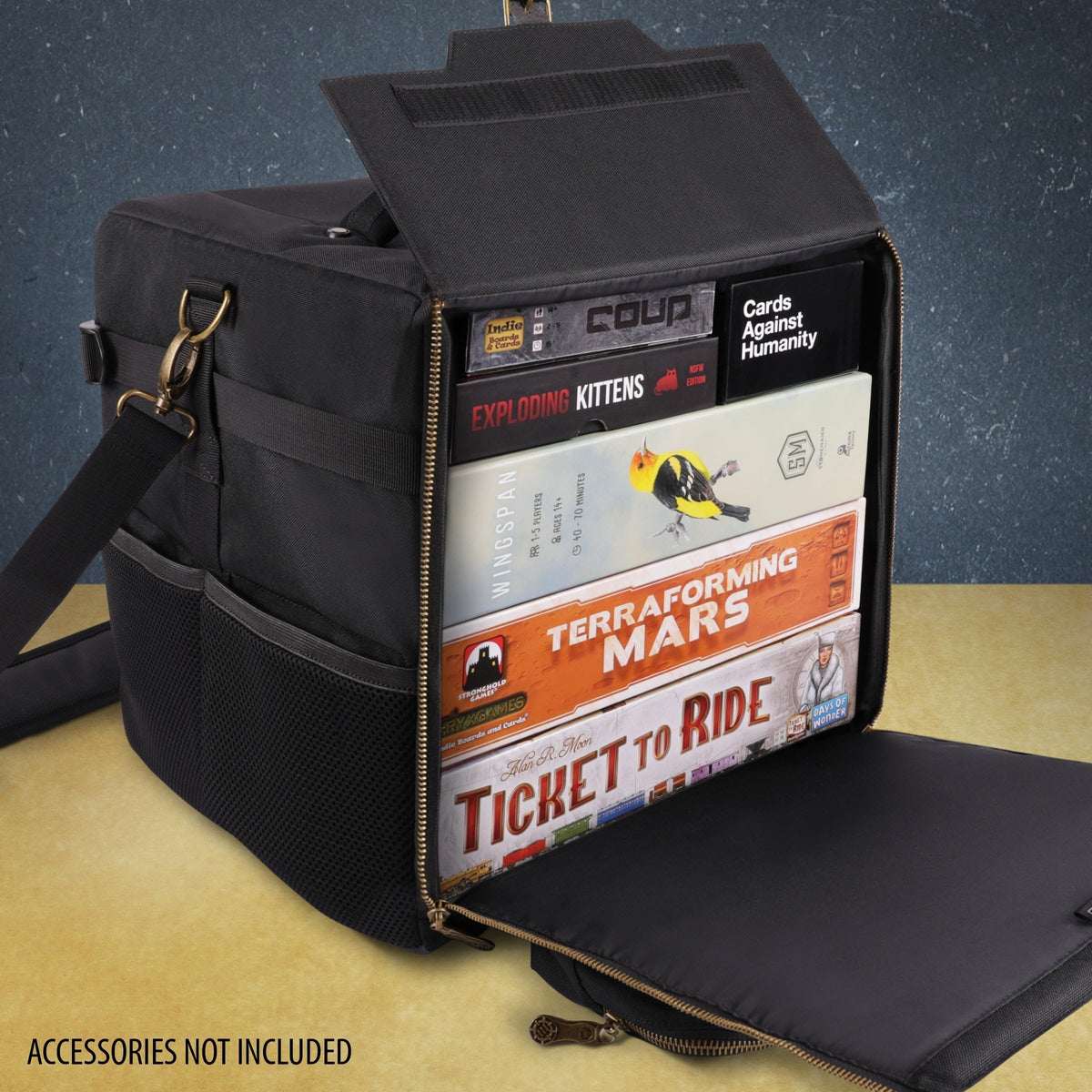 ENHANCE Board Game Shoulder Bag - Reinforced Board Game Storage with Padded Shoulder Strap and Accessories Pockets for Dice, Cards, More - Carrier