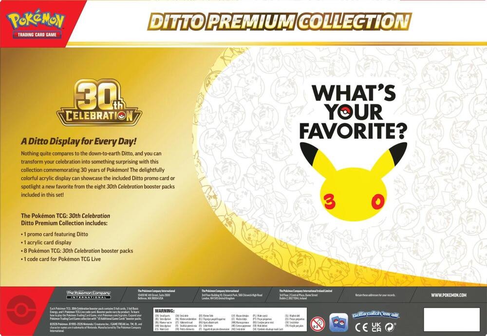 Pokemon TCG 30th Celebration Ditto Premium Collection – 1 Ditto Promo Card, Acrylic Card Display, 8 30th Celebration Booster Packs & Pokémon TCG Live