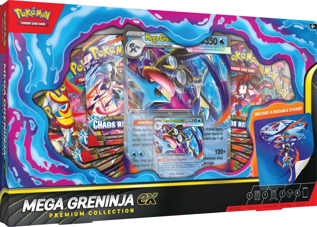 Pokémon TCG: Mega Greninja ex Premium Collection – Foil Promo Card, Oversize Display Card, Tech Sticker & 8 Booster Packs